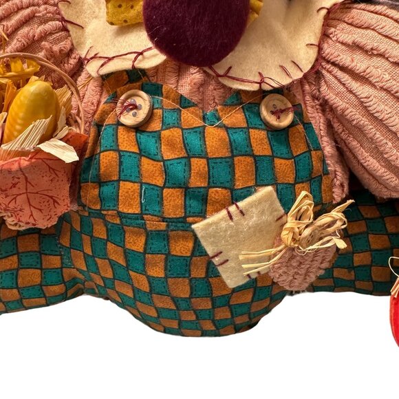 VTG Stuffed Thanksgiving Turkey Sitter in Overalls Holding Pumpkin Basket Crow - Picture 9 of 16